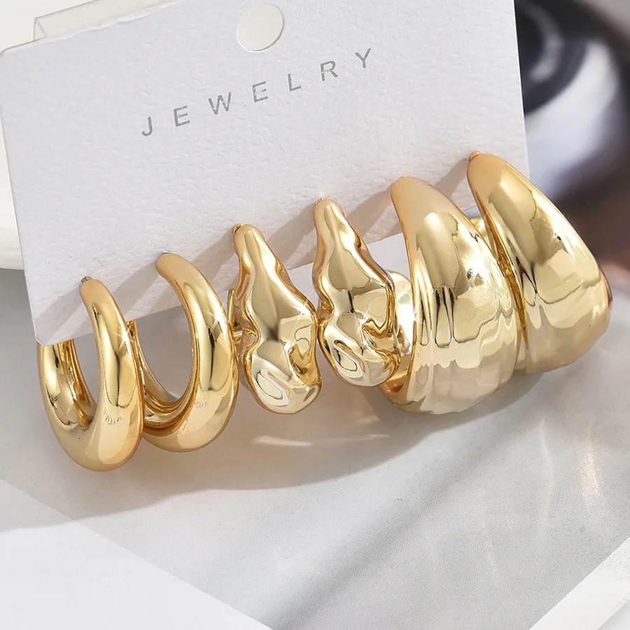 6Pcs Retro Gold Color Geometric Irregular Tear Drop Earrings for Women Trendy Twisted Chunky Hoop Earrings Pearl Stud Jewelry 250729