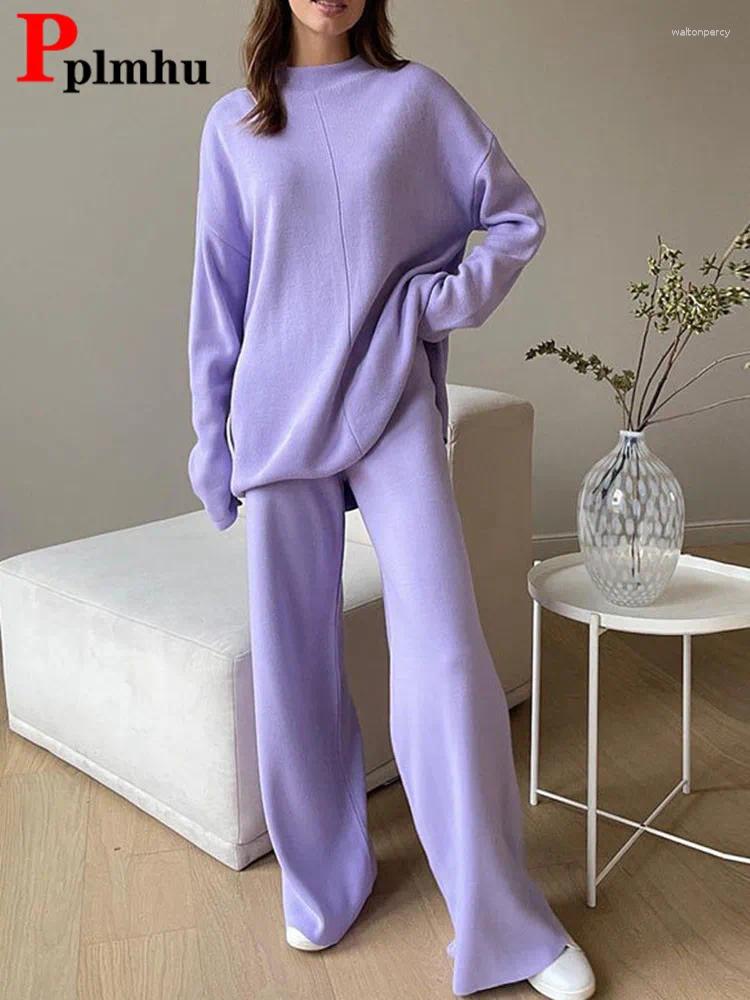 Women's Two Piece Pants Korean Knit 2 Sets Women Knitwears Half Turtleneck Pullover Tops Conjuntos Loose High Waist Wide Leg Sweatpants