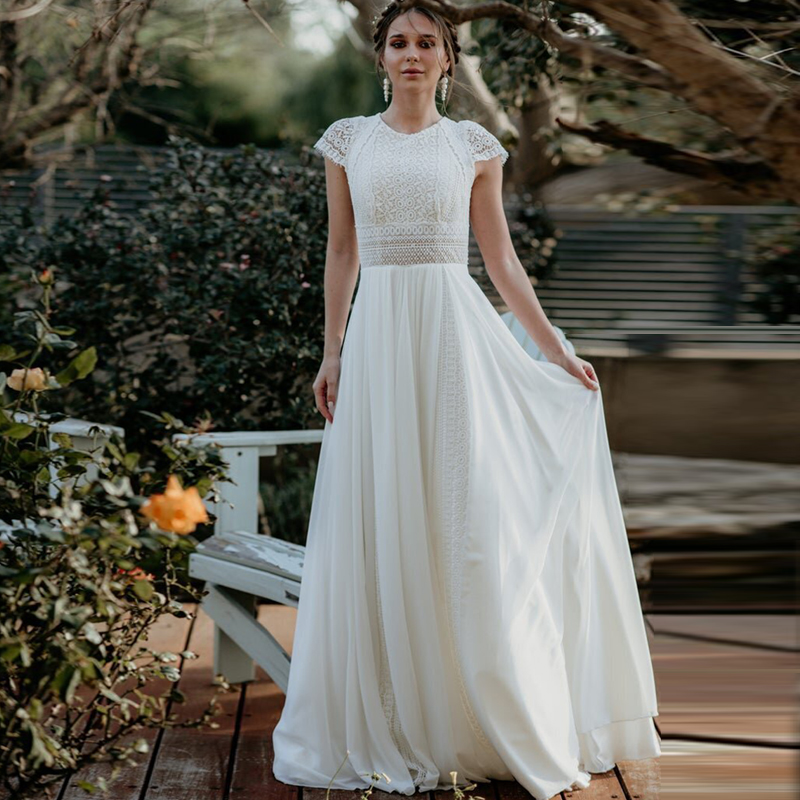 Vintage Bohemian Wedding Dresses Lace Cap Sleeves Boho Long Bride Dress Chiffon Beach Bridal Gown Robe De Marie Simple Customized