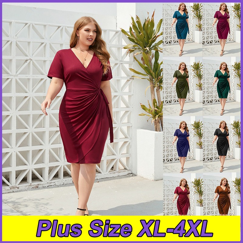 Summer Solid Color Plus Size Dresses For Women XL-4XL V-Neck Leisure Vacation One-Piece Dress Stylish And Sexy Lace Up Frock