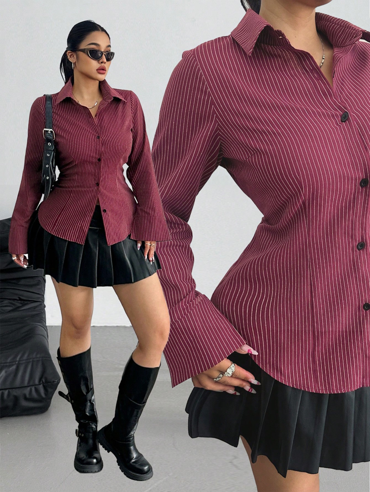 Plus Size College Stripe Slim Long Sleeve Shirt Fashion Graduation Season Long Sleeve Shirt Collar 2025 New