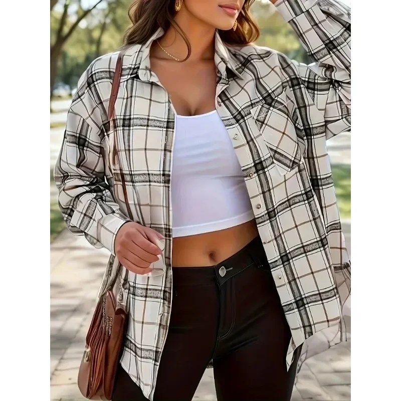 Plus Size 1XL-5XL Women's Spring and Summer Fashion Casual Plaid Patch Casual Long Sleeved Shirt with Lapel Button Top