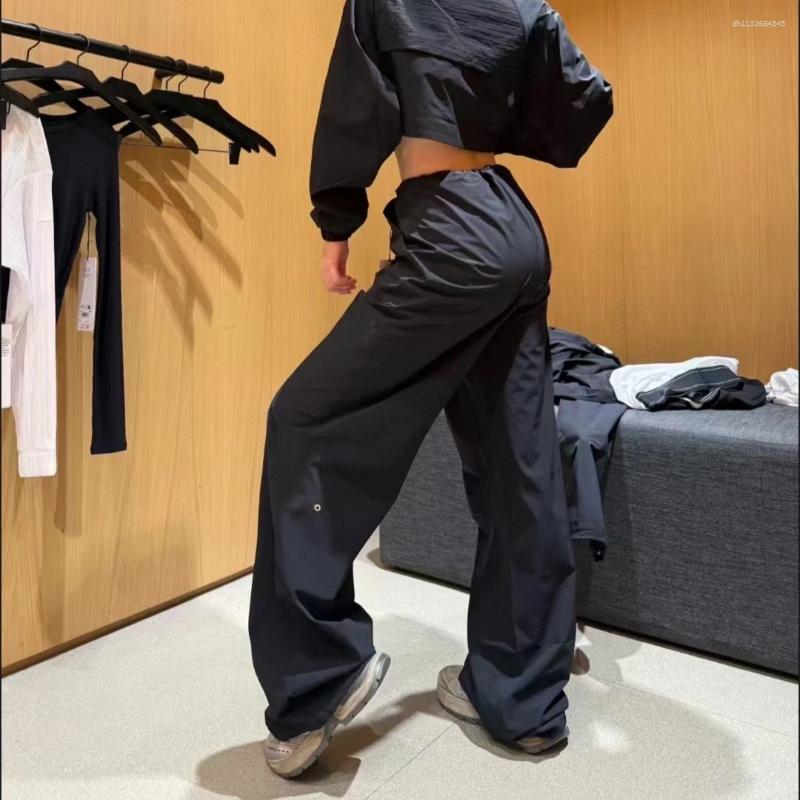 Women's Pants Casual Loose Black Straight Trousers Women Sport Wide Leg High-waisted Thin Quick-drying Drawstring Cargo