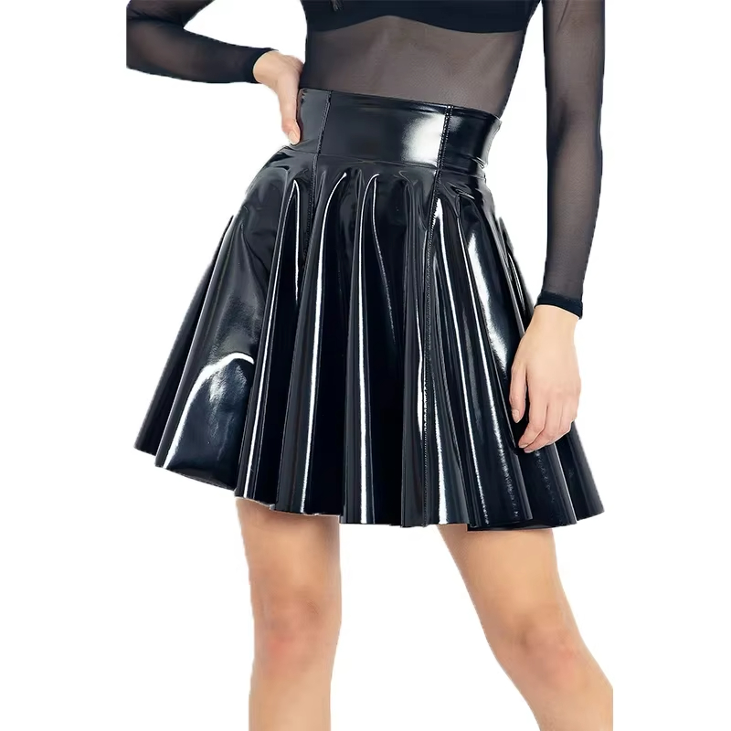 Women's Plus Size Pleated Skirt PU Shiny Patent Faux Leather Elegant Solid Mini Umbrella Skirt Trendy Designer Cute A-line Skirt
