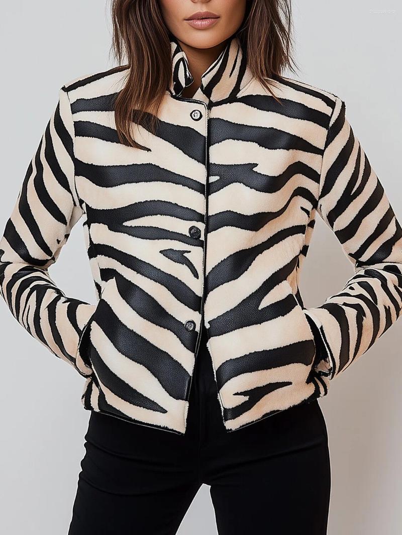 Women's Jackets PU Leather Zebra Stripes Stand Collar Button Pocket Jacket Coat Office Lady Autumn Fashion Elegant Outerwear For Women Top