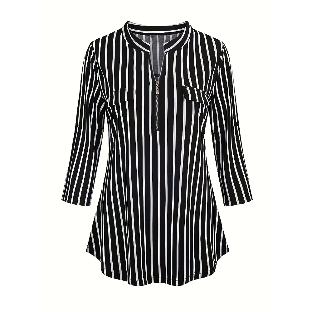 Plus Size Womens Zipper V Neck Stripe 3/4 Sleeve Shirts Blouses Top Women Spring/Fall Fashion Stripe Pattern Shirt