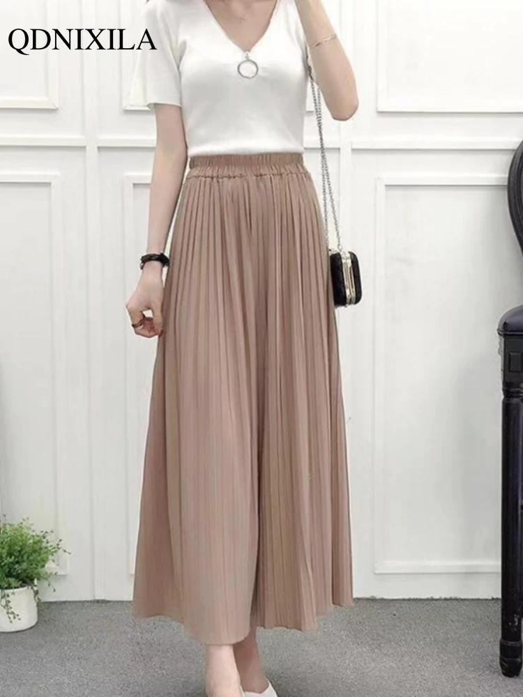 Summer New Women's Pants Korean Fashion Solid Elastic Waist Pleated Loose Skirt Pants Plus Size Casual Wide-leg Cropped Pants
