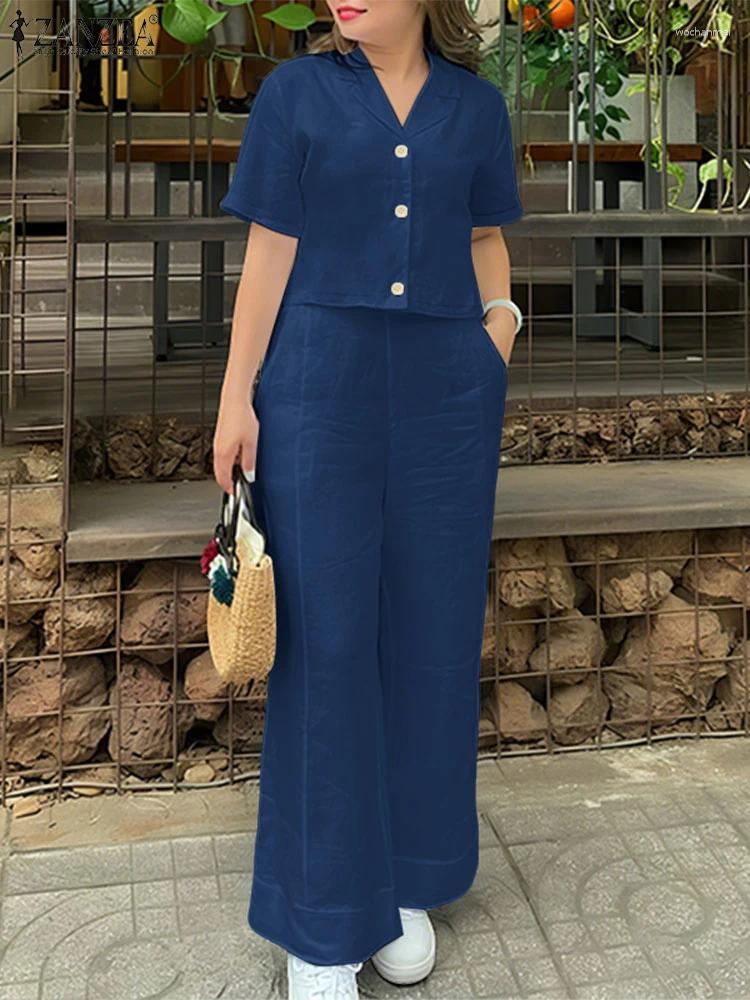 Women's Two Piece Pants 2025 ZANZEA Fashion Short Sleeve Lapel Shirt Pant Sets 2PCS Summer Outfits Women Matching Casual Solid Work OL