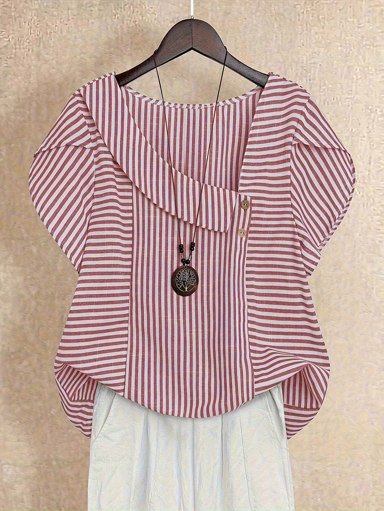 Women'S Plus Size Elegant Striped Faux New York T-Shirt with Asymmetrical Neckline, Decorative Buttons, and Half Sleeve Design f
