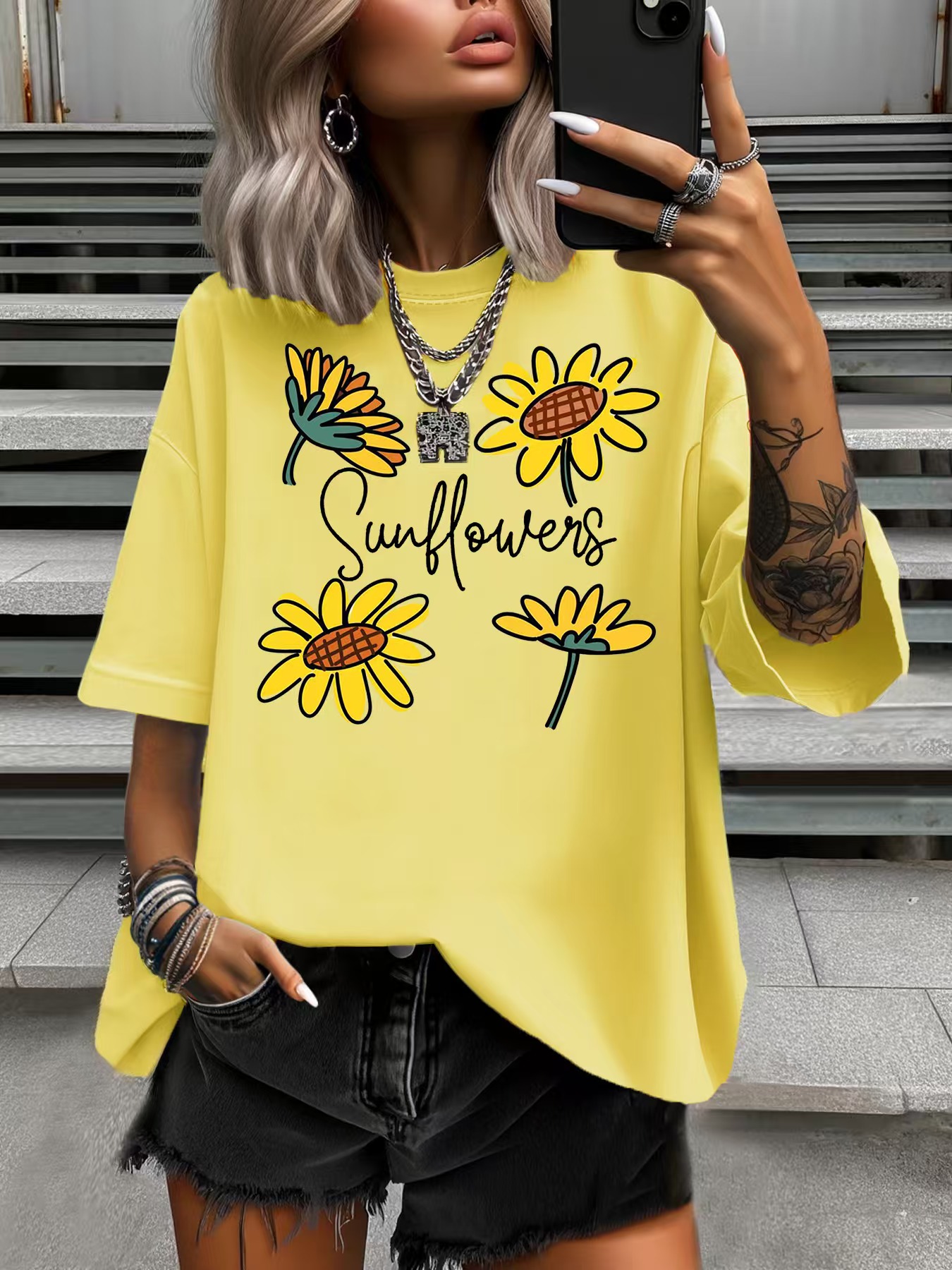 Summer Women's Plus Size T-Shirt Original Design Fashion Yellow Flower Printed Women's Casual Soft Round Neck Short Sleeved Tops