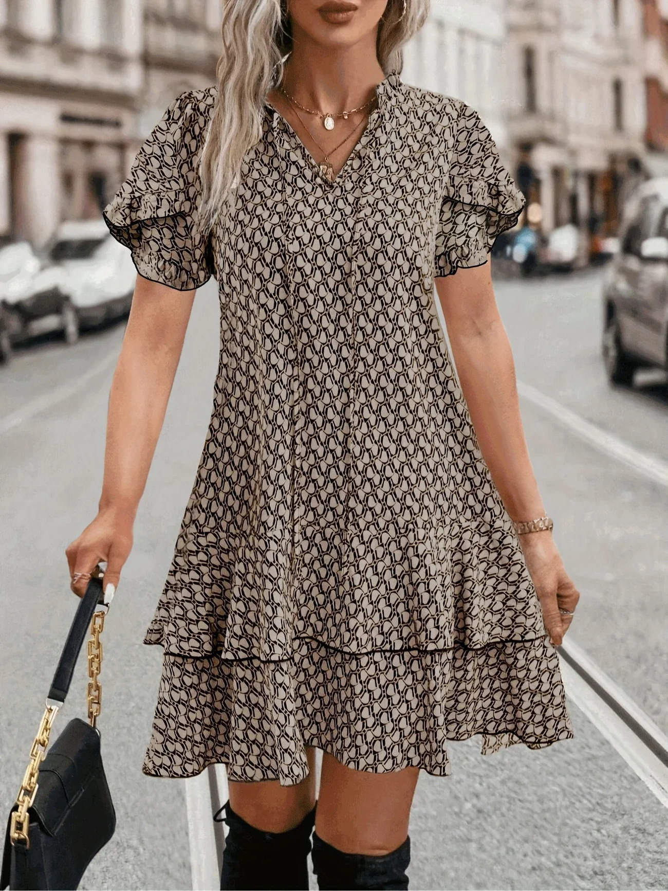 Plus Size 1XL-5XL Women's Summer Casual Floral Print Ruffle Hem Short Sleeve Dress Women Fashion Dress