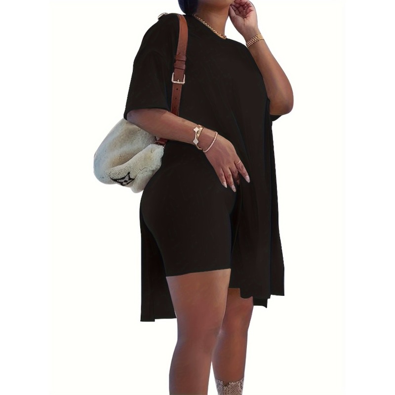 Plus Size 1XL-5XL Women's Fashion Solid Color Round Neck Split Top & Casual Tight Shorts Two Piece Set
