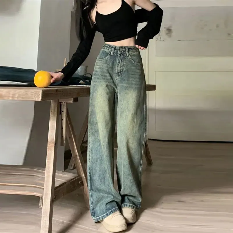 Vintage High Waist Wide Leg Jeans Casual Straight Cut Long Pants Women's plus Size Floor Length American Style