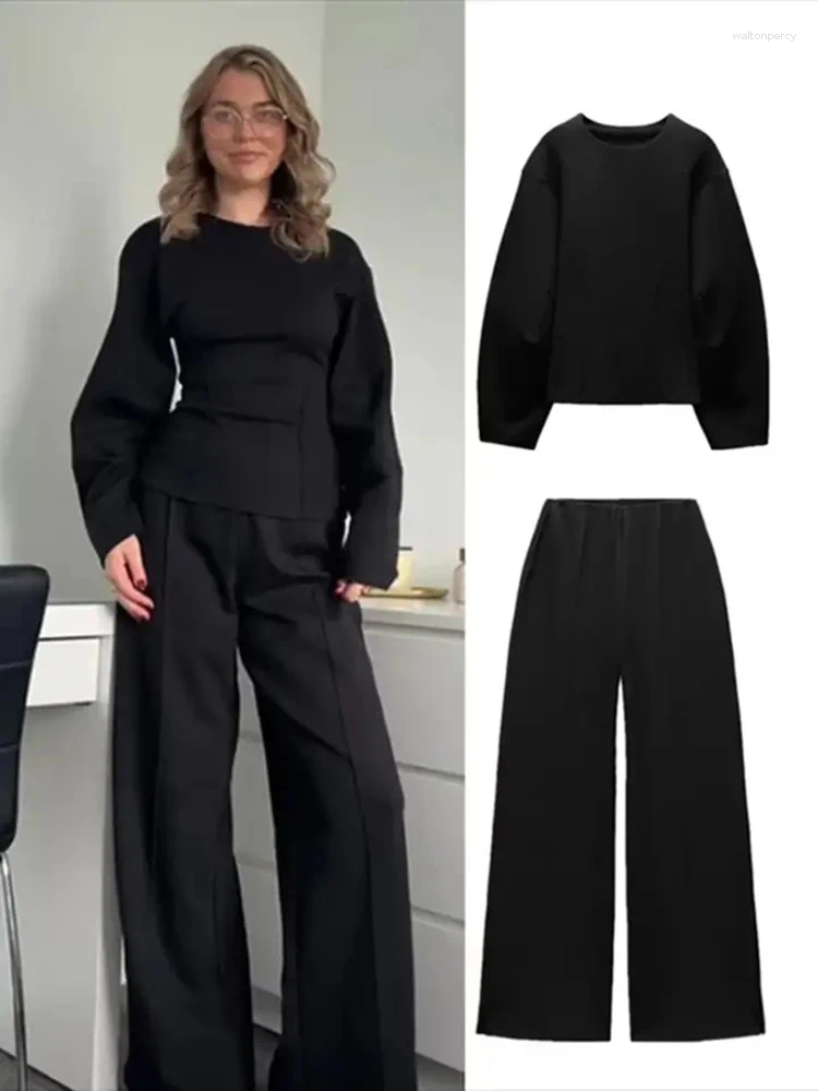 Women's Two Piece Pants Pieces Set Pant Sets Crop Long Sleeve Elegant Suits High Waist Wide Leg Trousers Outfit Streetwear