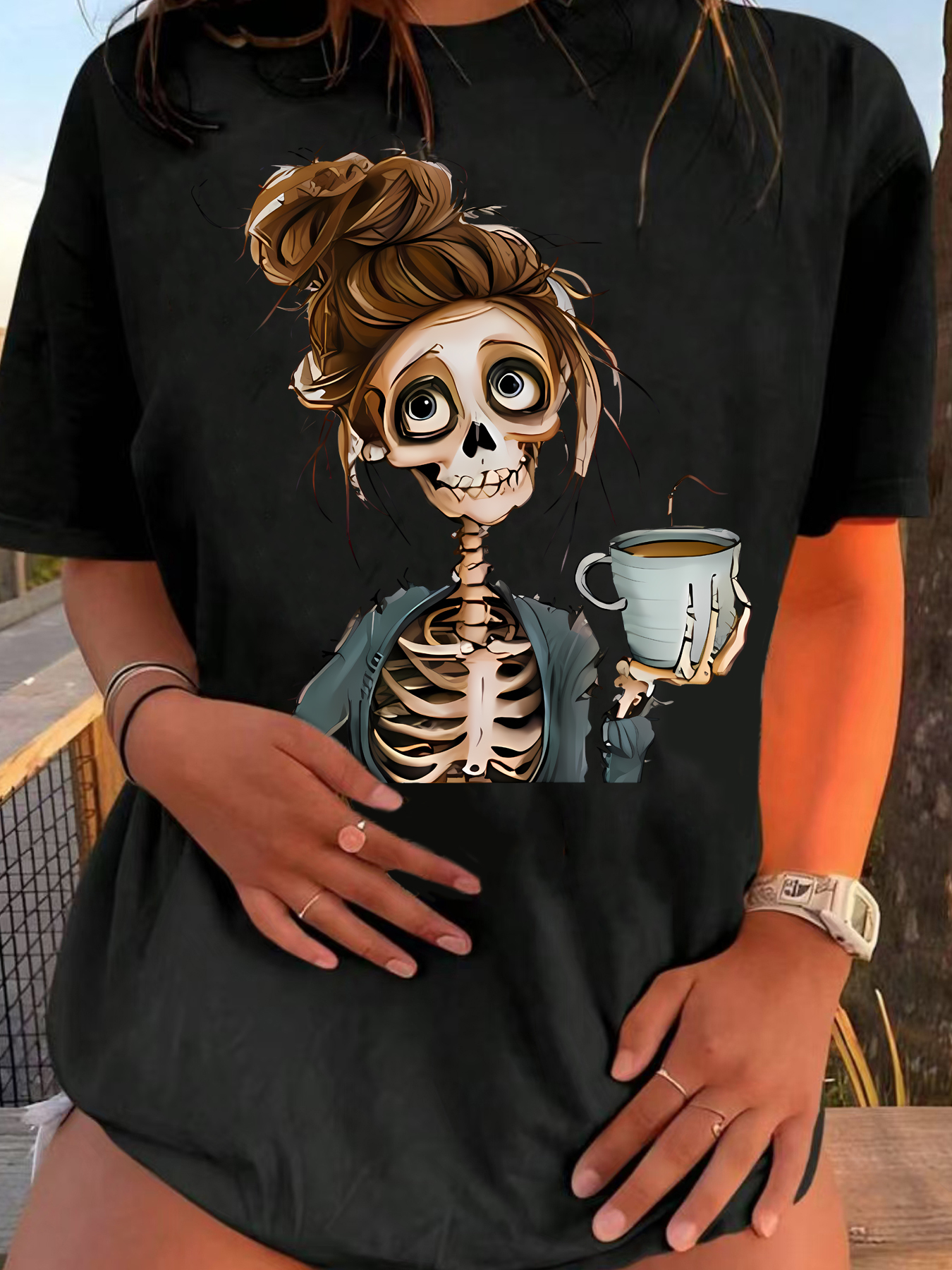 Lady Skull with a Drink Plus size women's round neck short sleeve T-shirt with elastic half sleeves and trendy prints