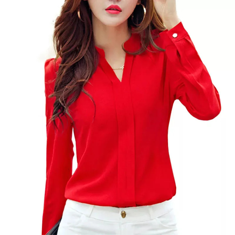 Long Sleeve Shirt Women Autumn Clothing Fashion Slim Chiffon Blouse V Neck Korean Elegant Ladies Office Shirts White Red DF2324250723