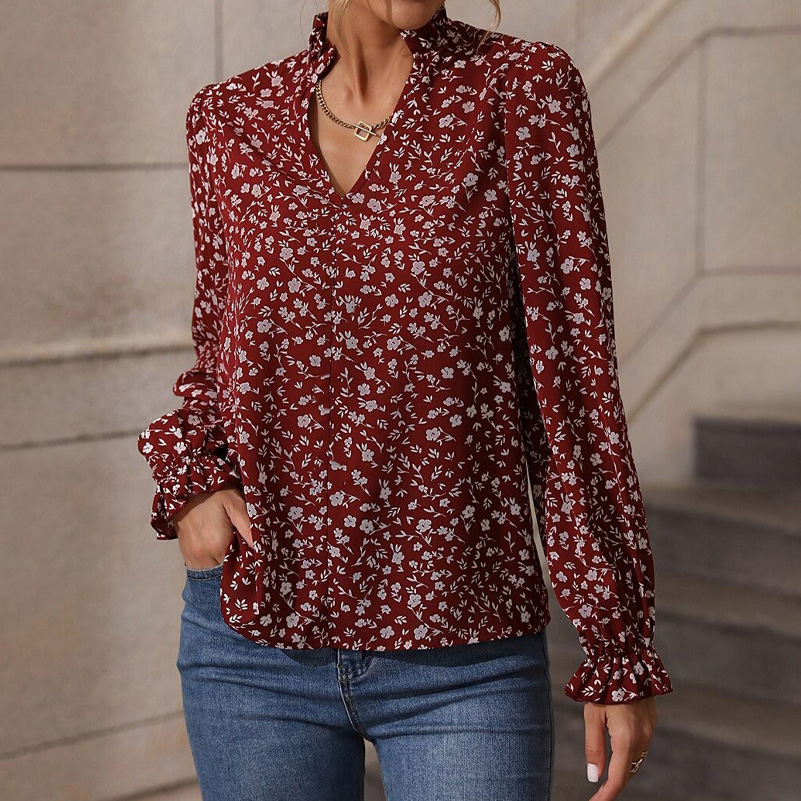 Plus size women's printed long sleeved shirt, lantern sleeve V-neck elegant top, spring and autumn fashion, durable and long-las
