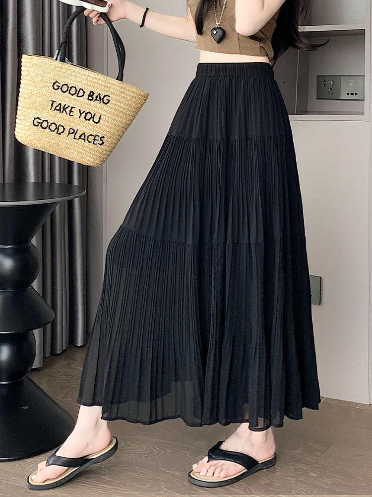 Plus Size Chiffon Skirt For Women Summer Skirt 2025 New Arrival High Elastic Waist Pleated A Line Long Skirt Large Size Skirts