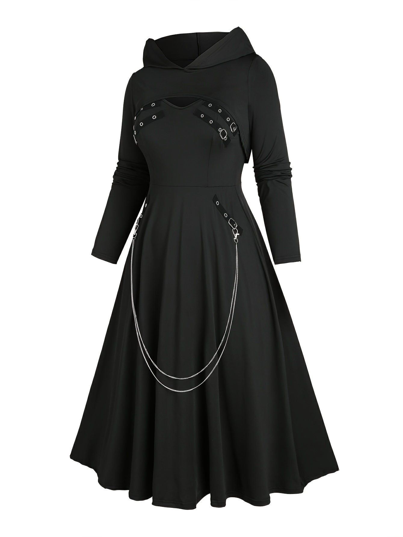 European and American Fashion Plus Size Chain Gothic Trial Dress with Long Sleeve Short-Sleeved Hooded Top Set