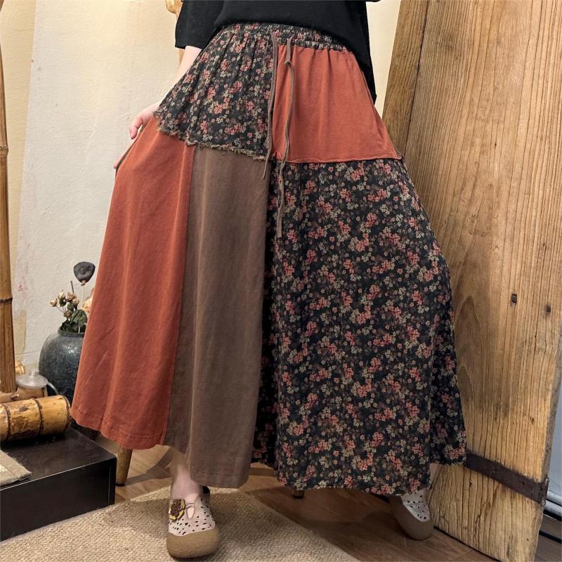 Spring Summer New Arts Style Women Elastic Waist Loose A-line Skirt Vintage Print Patchwork Cotton Linen Long Skirt High Quality