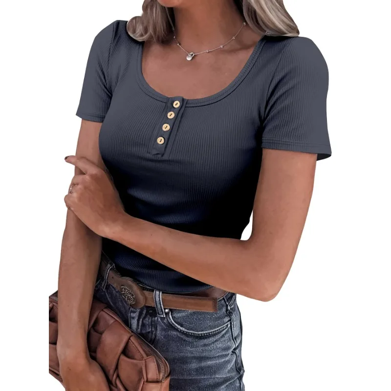 Plus Size 1XL-5XL Women's Plus Size Ribbed Square Neck T-shirt Summer Basic Fashion Front Three Button Top