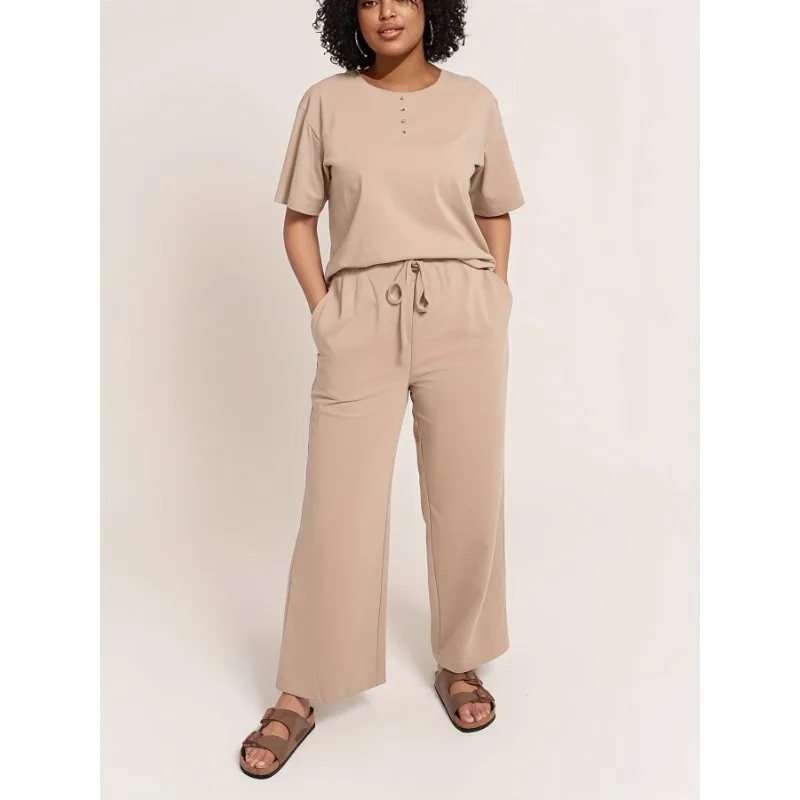 Plus Size 1XL-5XL Summer Women's Casual Short Sleeve Wide Leg Pants Seven-Foot Length Arrival Fashion Brand Clothing Sets