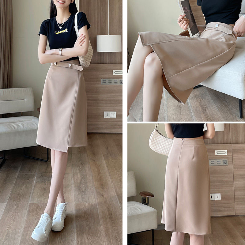 Women Summer Fashion High Waist Appear Thin Solid Color Irregular Skirt Ladies Simplicity Office Lady Temperament A-line Skirt
