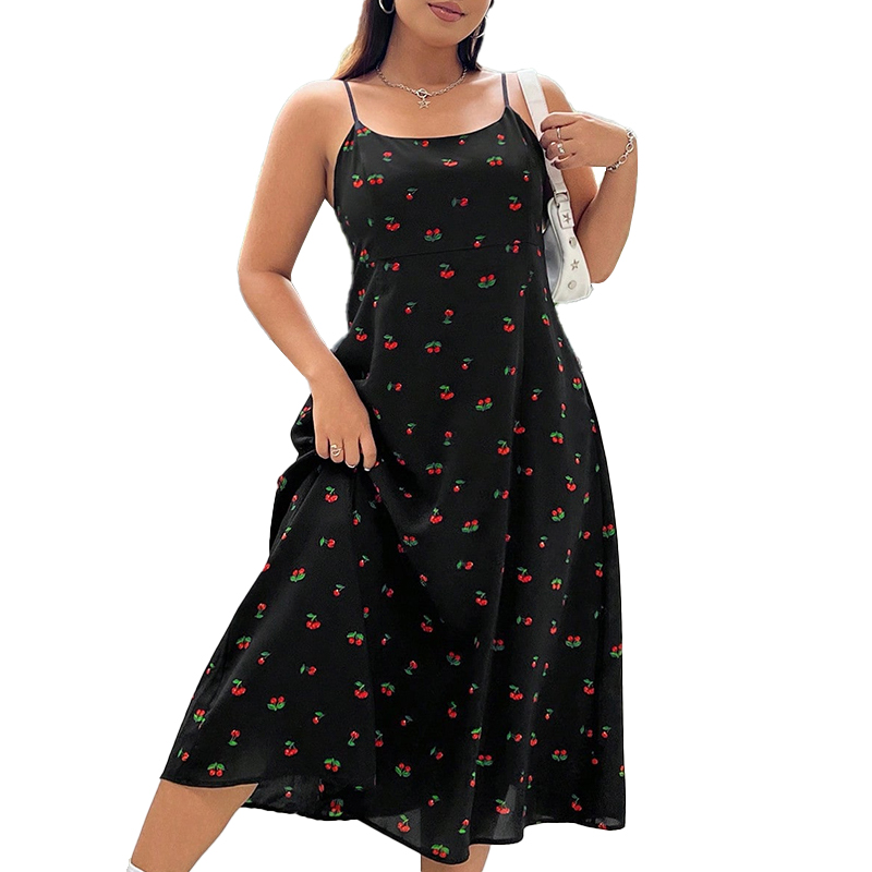Plus Size Summer Y2k Women's Dresses Cherry Printed Swing Robe Party Dress 2025 New Casual Vestidos Sexy Sling A-Line Sundresses