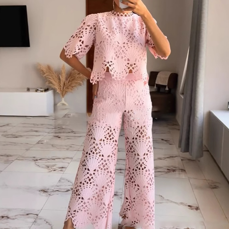 Lace Loose Women's Two Piece Casual O-neck Short Sleeved Top & Long Pants Summer Set Fashion Hollow Out Solid Color Holiday Suit