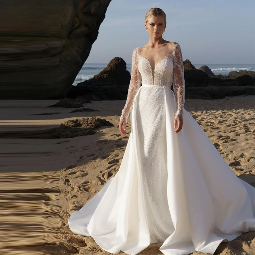 Luxurious 2 In 1 Detachable Mermaid Wedding Dresses Beading Lace On Net With Hand Drill Pearls Full Sleeve O-Neck Ball Bridal Gowns
