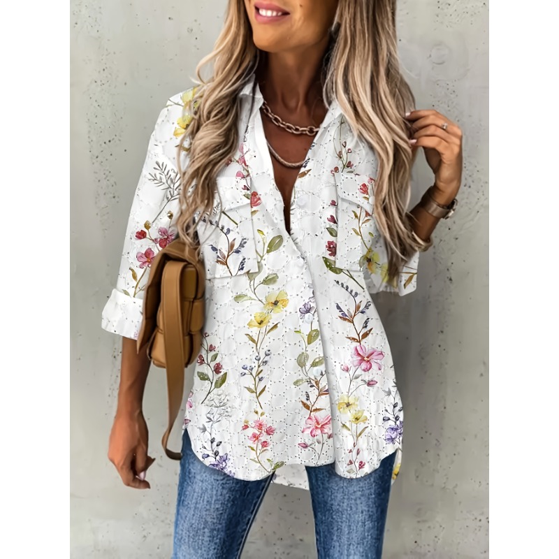 Plus Size 1XL-5XL New Women Spring Summer Floral Pattern Long Sleeve Shirt Eyelet Embroidery Pocket Design Blouse Top