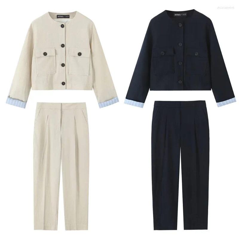 Women's Two Piece Pants Summer Single Breasted Workwear Jacket With Striped Patchwork Short And High Waisted Straight Leg