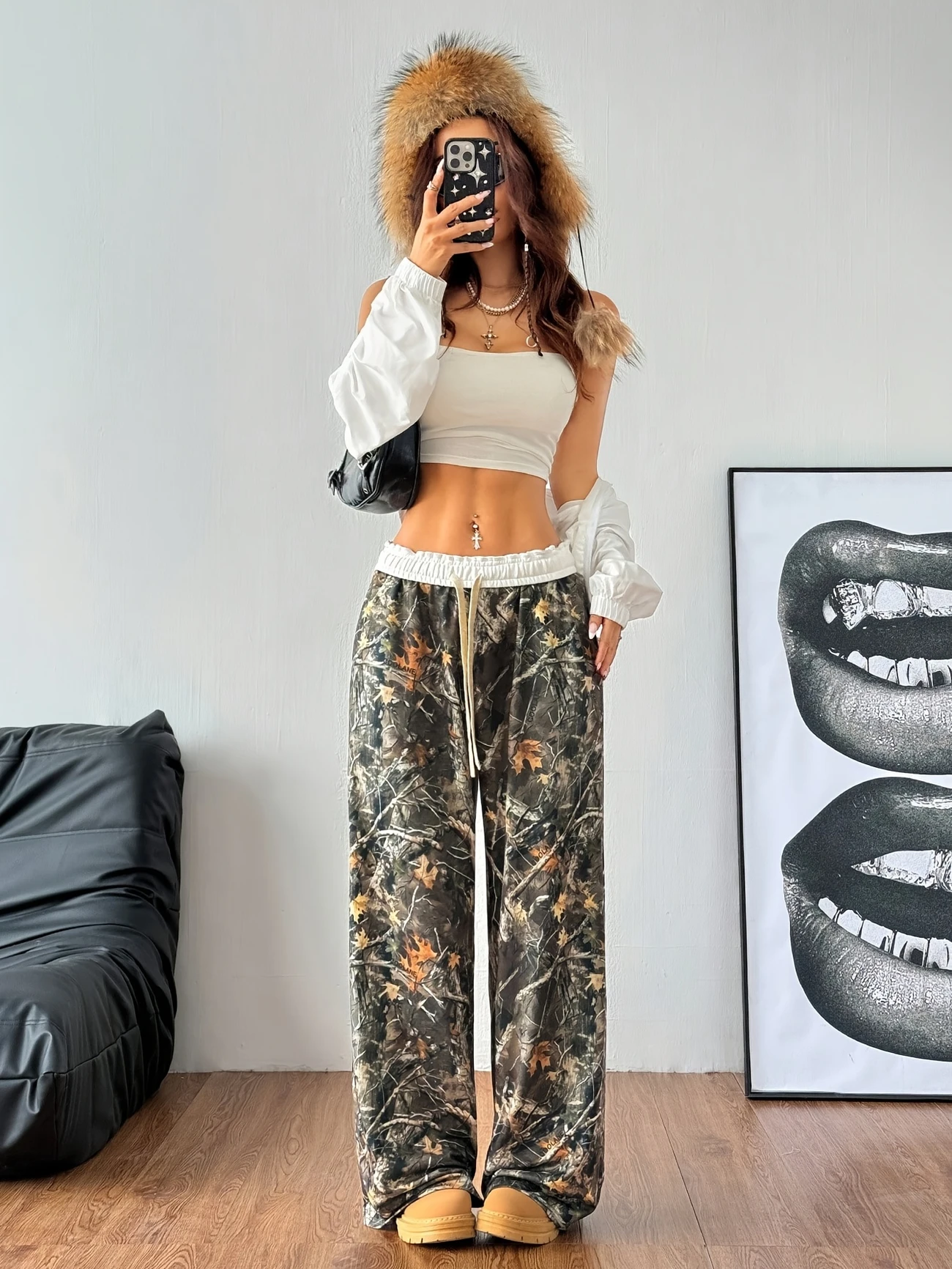 Plus Size 1XL-5XL Women's Stylish Camo Print Wide-Leg Pants Elastic Waistband with Drawstrings Comfortable Cute Pants