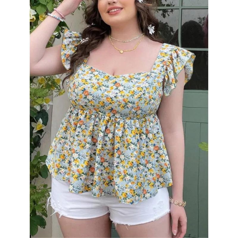 Plus Size 1XL-5XL Fashionable Vacation Style U-shaped Collar with Cinched Waist and Lace Sleeves Women's Shirt