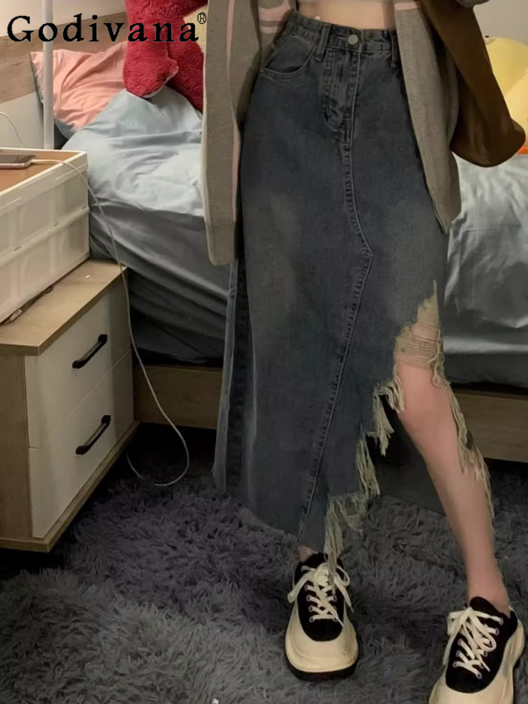 L-4XL Irregular Rough Edge Blue High Waist Denim Skirt Girls Summer Large Size Medium Long Age Reduction Versatile A-line Skirts