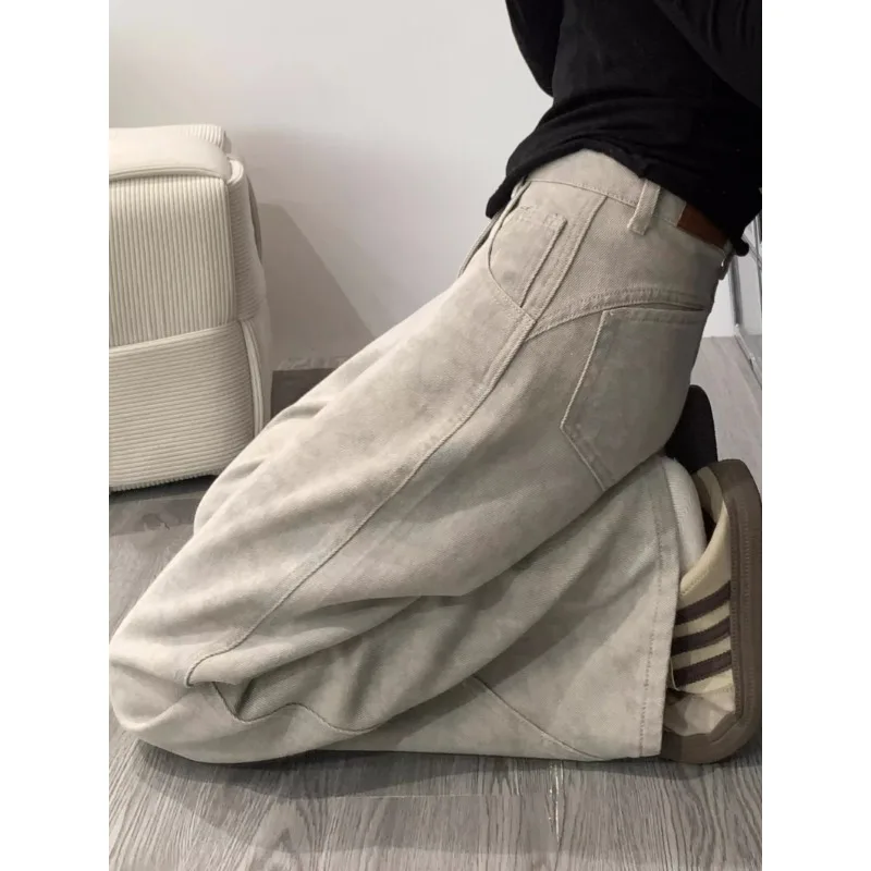 Tall person with extended design light gray straight scimitar jeans for women in summer large size high waist floor pants y2k