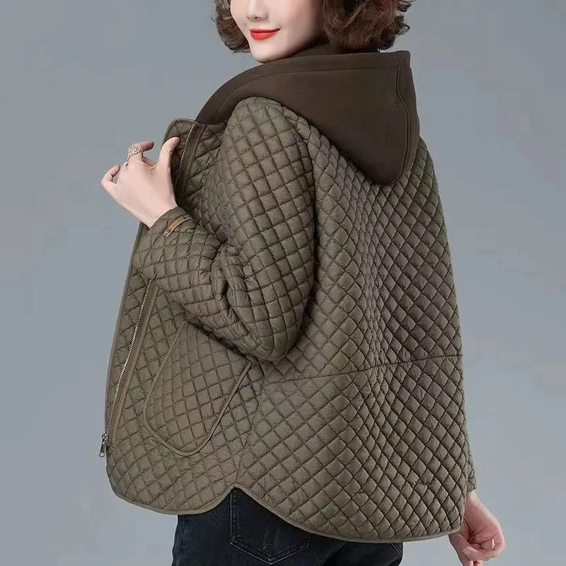Fashion Lightweight Cotton-Padded Coat Women 2025 New Autumn Winter Cotton Coat Hooded Jacket Loose Casual Plaid Parkas Outwear