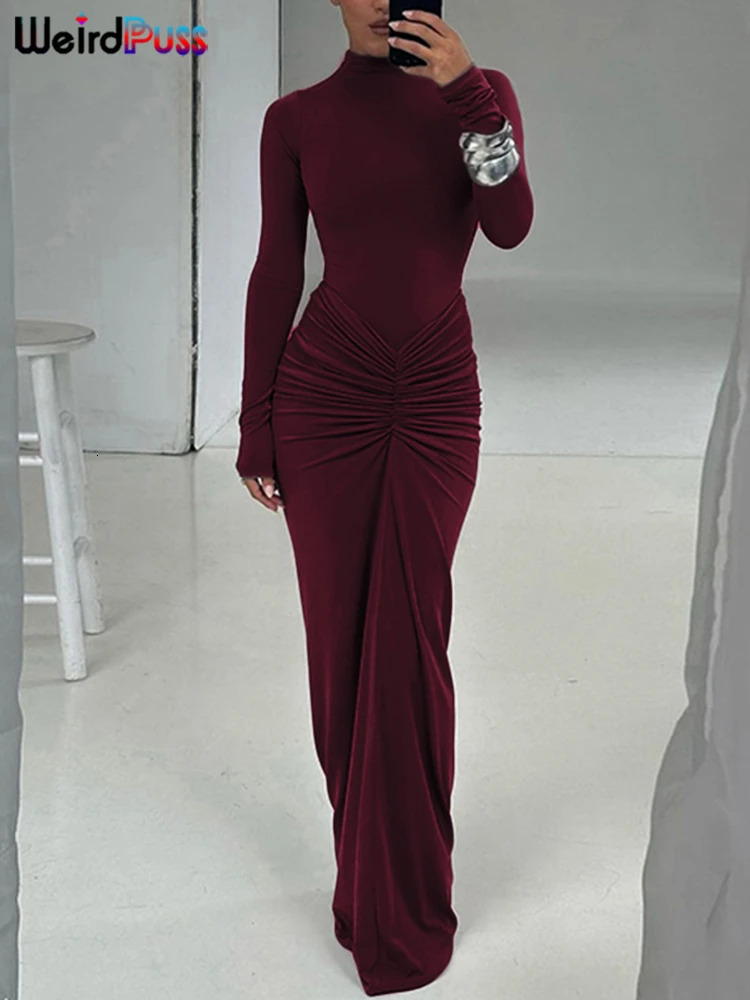 Weird Puss Hipster Ruched Dress Women oNeckFull Sleeve Skinny Stretch Robe Autumn Trend Simple Classic Pleats Long Bodycon 250730