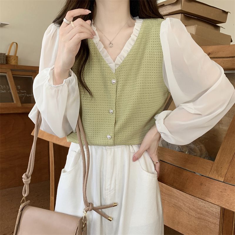 Korean Chiffon Contrast Patchwork Button Blouse Spring New Long Sleeve V Neck Loose Fashion Shirt Tops Sweet Trend Women Clothes