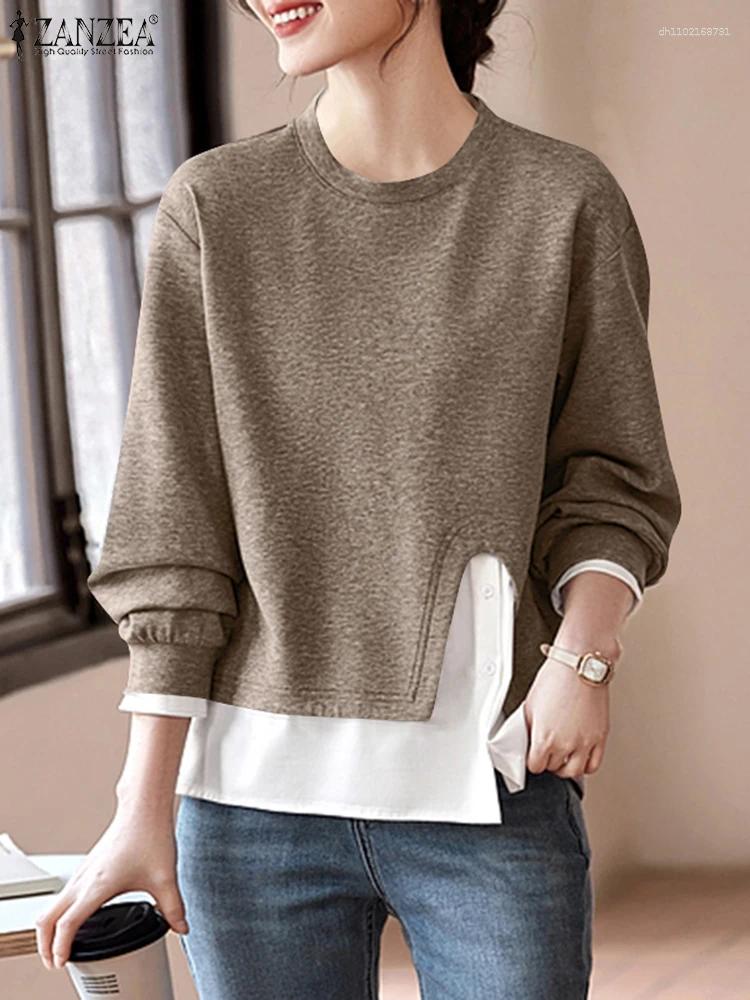 Women's Hoodies ZANZEA 2025 Fashion Jumpers Women Side Slit Sweatshirts Long Sleeve O-Neck Buttons Tops Autumn Casual Loose Patchwork