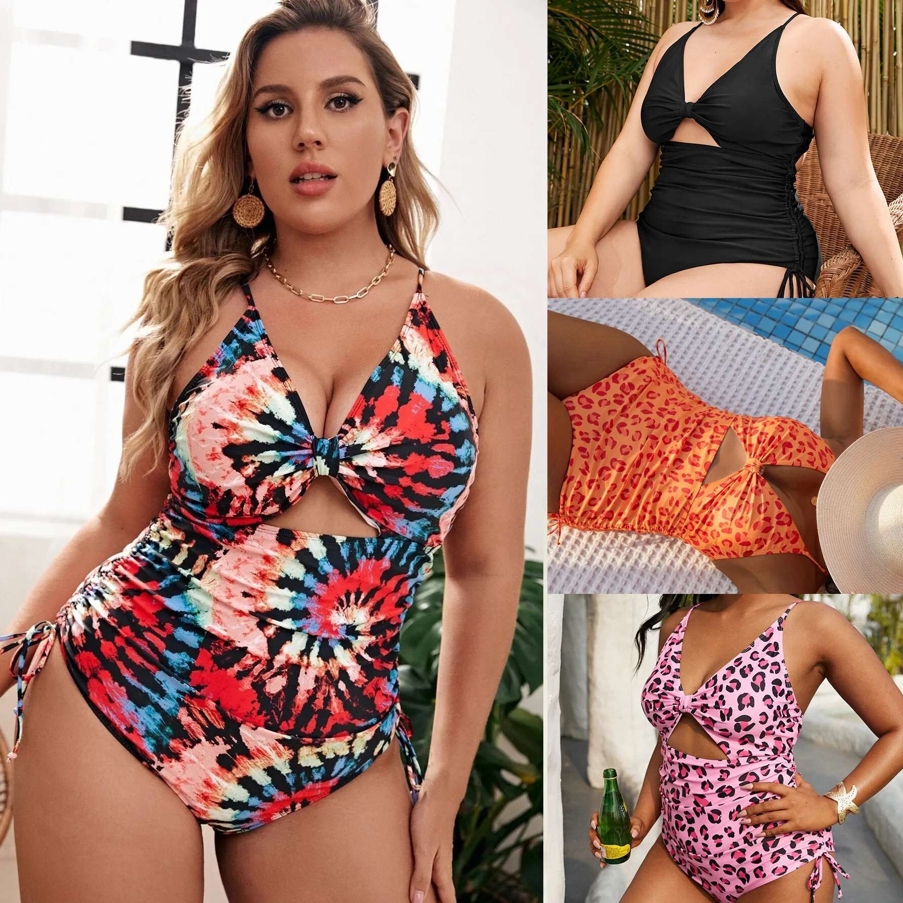 New Plus Size One-piece Swimsuit, Women's One-piece Rope, Multi-color High Elasticity Beach Vacation Swimsuit Casual Y2k
