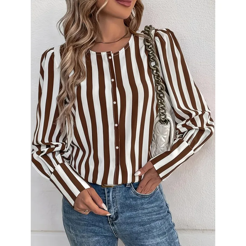 Plus Size 1XL-5XL New Summer Women Blouses V-neck Single-breasted Cardigan Striped Contrast Color Long-Sleeved Fashion Shirts
