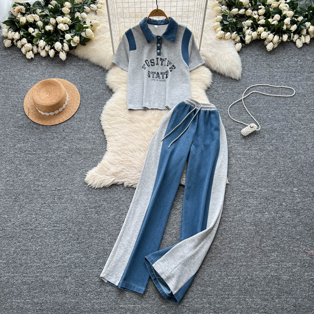 Pant Set Women Two Piece Sets Matching Sets Short Sleeve Casual Tops Wide Leg Long Pants Lace Up Elastic Waist Y2k Streetwear
