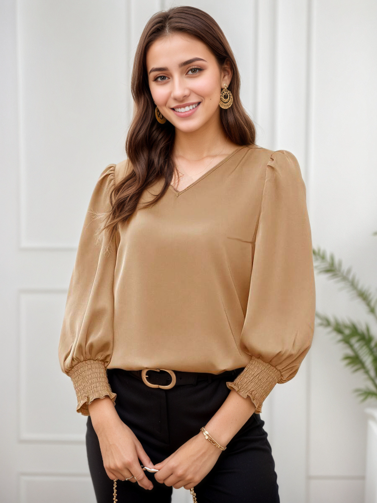 Plus Size 1XL-5XL Stylish Women V Neck Work Blouse Summer Spring Tops Tunic Elegant Work Tops Casual Solid Color Holiday Blusas