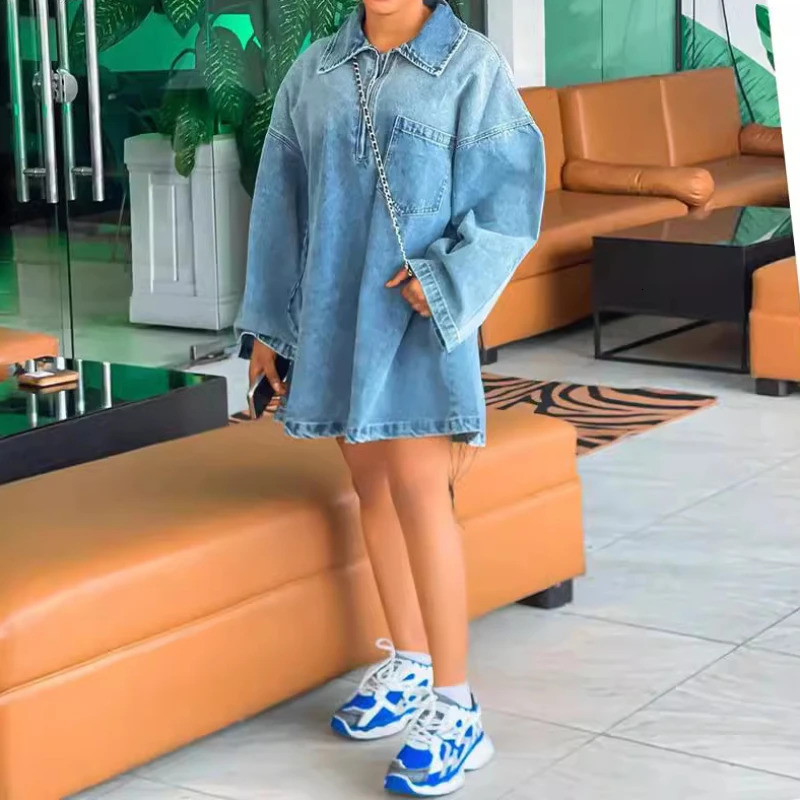 Dresses Women A Line Mid Length Jeans Dresses Turn Down Collar Full Sleeve Loose Casual Regular Vestidos Denim Y2k 2025 250730