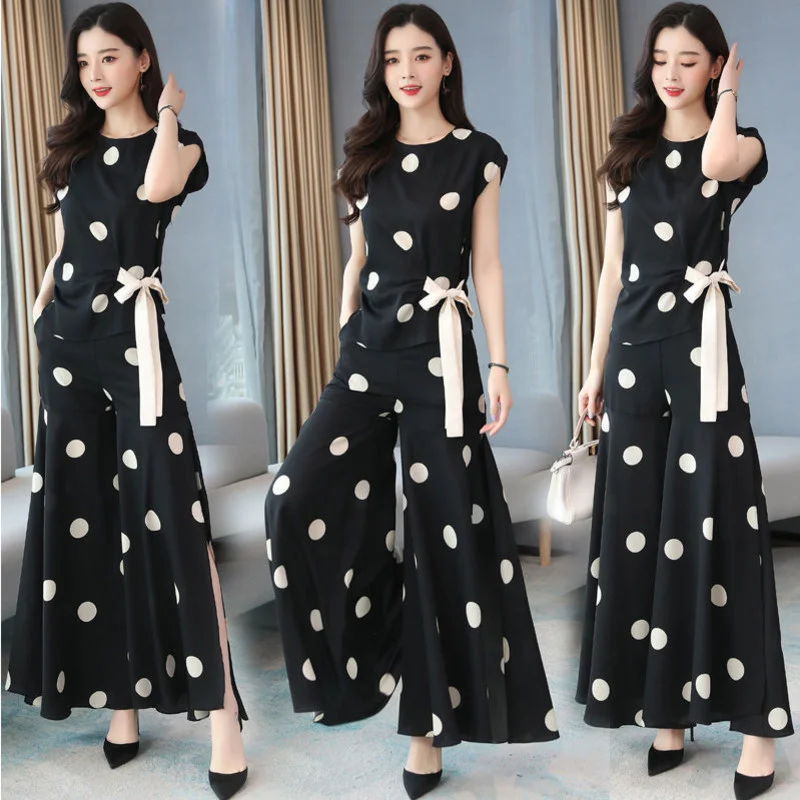 Women's Chiffon Sport Suit 2024 Summer New Fashion Polka Dot Wide Leg Pants Crop Tops Two Piece Set for Women Plus Size Clothing