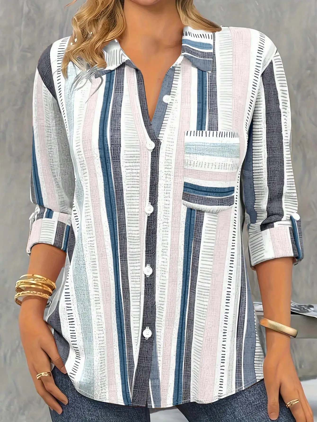 Plus Size 1XL-5XL Women's Elegant Colorful Striped Button-Up Shirt with Lapel Collar Ladies Casual Long Sleeves Blouse Shirt Top