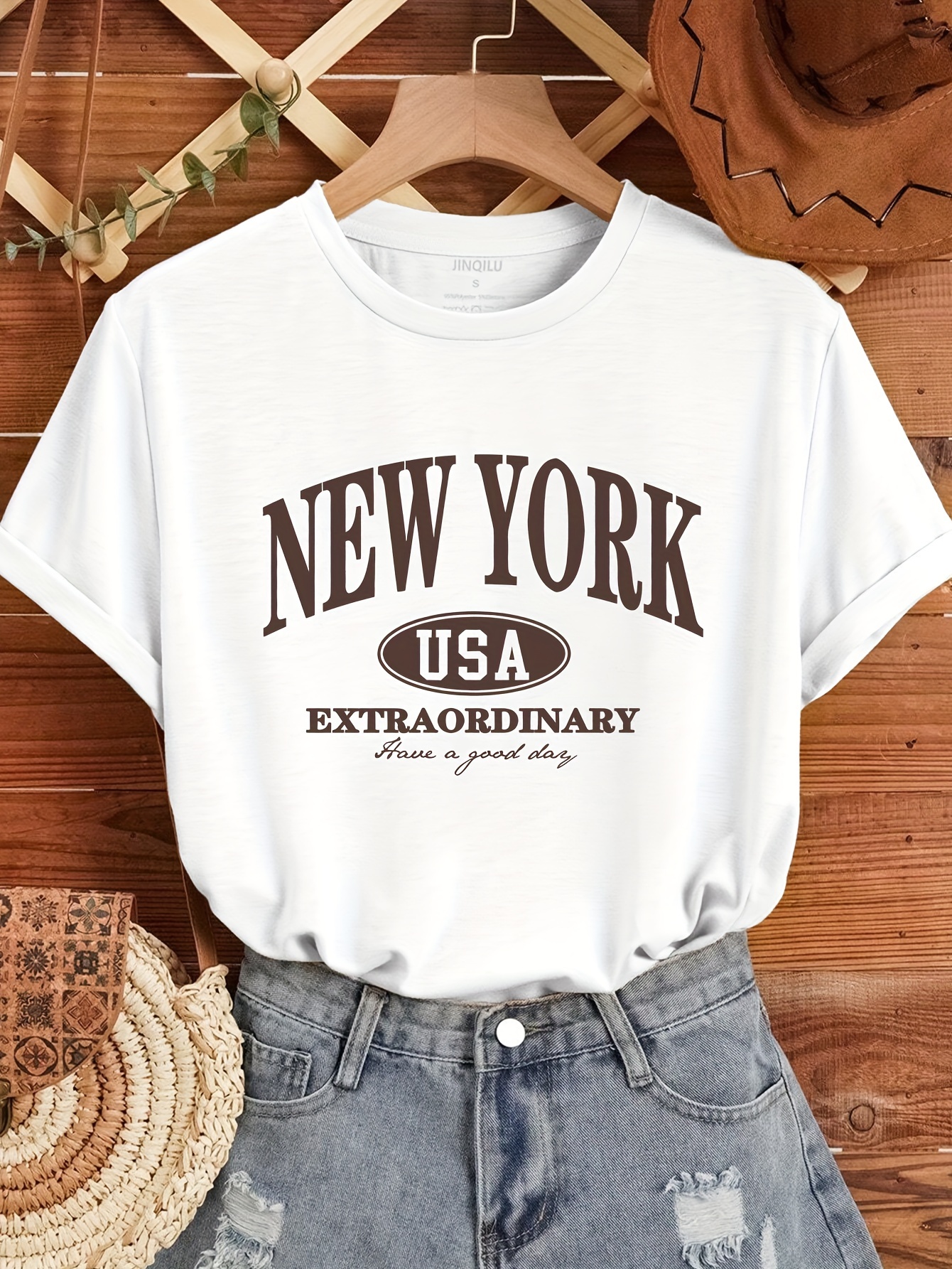 plus size New York printed women's casual T-shirt | short sleeved round neck regular fit eye-catching font perfect match