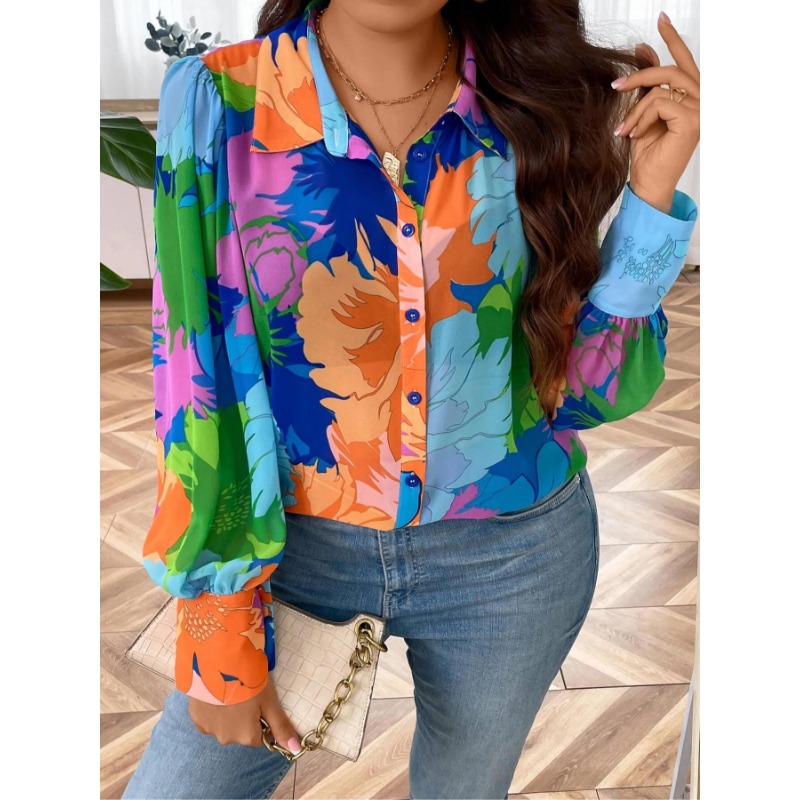 Plus Size 1XL-5XL Women's Autumn New Comfortable Flower Printed Casual Fashion Long Sleeve Shirt