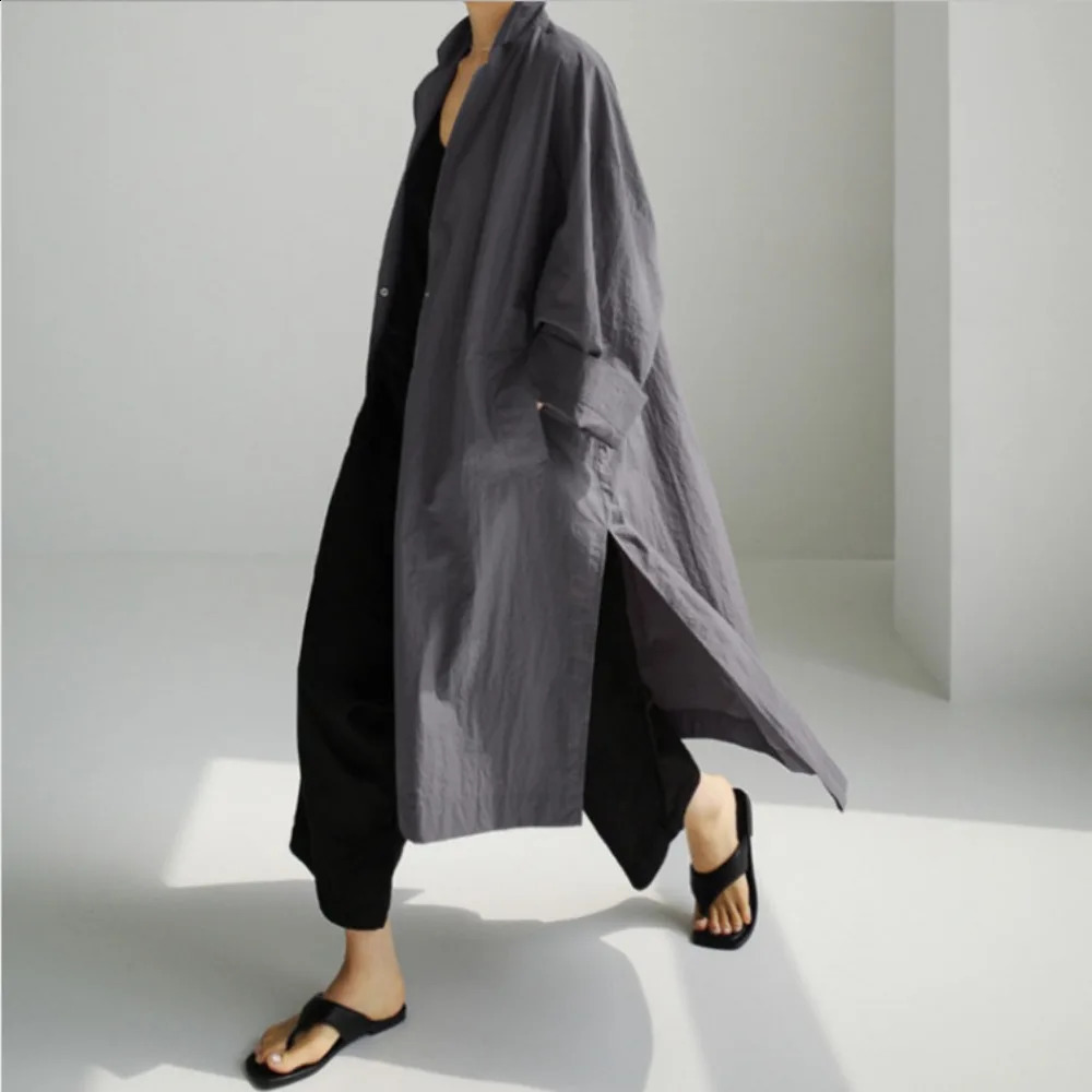Korean Chic 2025 Spring Summer Japanese Style Shirt Dress | Knee Length Slit Linen Cotton Trench Coat for Women 250730